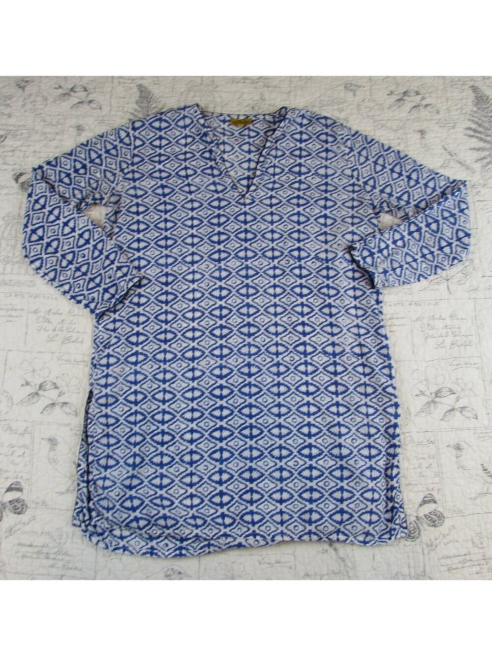 Roberta Roller Rabbit Ladies  Blue White Cotton Tunic Top Long Sleeve size S